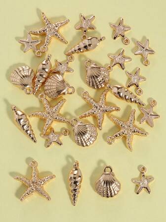 25pcs Assorted Gold Plated Starfish & Shell Pendants, DIY Jewelry Accessories For Necklace, Bracelet, Earrings