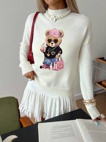 Autumn/Winter New Stand Collar Long Sleeve Teddy Bear Wearing Baseball-Cap Drink Pattern Sweater Pullover, Commuting Style White Sweater For Women, Autumn/Winter New Arrival,Back To School,Suitable For Daily, Commuting And Shopping,Elegant & Chic Style,Wedding Guest,Halloween Costume,Christmas Party - White - View 3