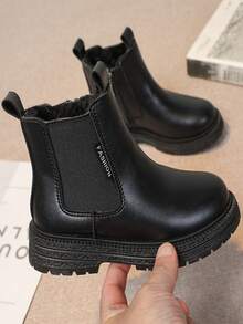 1 Paar Kinderwinterstiefel, minimalistischer modischer rutschfester Rundkopf Thermofutter Stiefel, seitlicher Reißverschluss Halbe Waden Stiefel, PU glänzend modischer vielseitiger Kleidungsstiefel, geeignet für Jungen und Mädchen für Outdoor, Einkaufen, Urlaub, Party