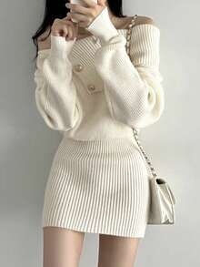 简约露肩紧身针织连衣裙，韩式风格 - 杏色 - 查看 4