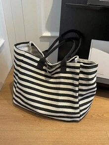 Canvas Tote Bag For Women, Large Capacity, New Summer Style, Versatile Shoulder Bag, Striped Texture, Suitable For School And Commute - Black and White - View 3