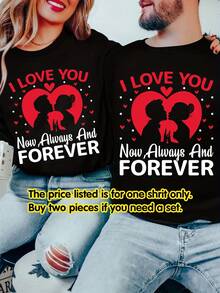 Valentine's Day Matching Couple Sweatshirts - Romantic "I Love You Now & Forever" Letter Print Crew Neck Pullovers, Machine Washable Spring/Fall Casual Wear For Him & Her, Valentine's Day Outfit, Anniversary Gift, Heart Design, Comfortable Fabric, Unisex Apparel, Couples Gift - Nữ - Đen - Xem 2