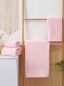 3/1pc Coral Fleece Absorbent Striped Bath Towel/Washcloth, Soft Quick-Dry Coral Fleece Face Towel, Super Absorbent Microfiber Shower Towel, Suitable For Bathroom, Pool, Gym, Beach - Baby Pink - View 5