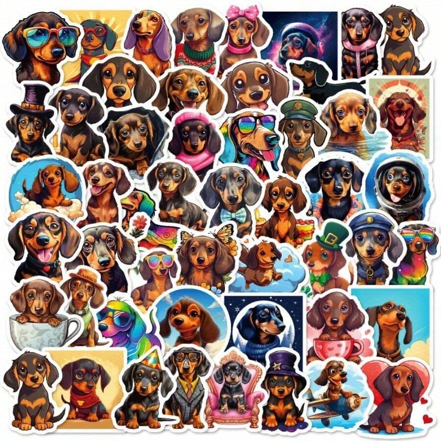 50 Dachshund Graffiti Stickers - Waterproof, Colorful And Cute Dachshund Wearing Fashionable Glasses, Hats And Holiday Outfits, Suitable For Suitcases, Phone Cases, Laptops, Helmets, Skateboards - DIY Creative Decorative Stickers, Dog Stickers, Personalized Item Customization, High-Quality Printing, Suitcase Decoration, Interesting Designs, Durable Stickers, Exclusive For Pet Lovers - 1 - 查看 1
