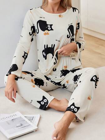 卡通猫咪印花长袖上衣和长裤睡衣套装，女士秋冬服装