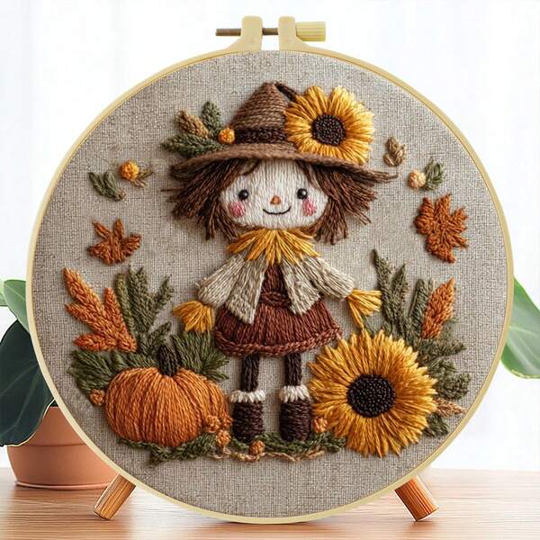 1 Pezzo Kit di ricamo, 20x20cm/7.9x7.9 pollici Spaventapasseri autunnale, Kit di ricamo fai-da-te, adatto per principianti adulti, inclusi tela da ricamo, manuale di istruzioni, telaio da ricamo, ago e filo, regalo di Natale per amici o familiari, arredamento, opera d'arte fatta a mano per ufficio