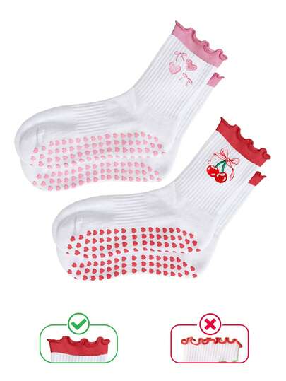 1 Pair Ruffle Trim Yoga Socks, Heart Dot Grip, Professional Non-Slip Socks For Yoga, Pilates, Fitness, Gymnastics, Cute Mid-Calf Socks For Autumn/Winter