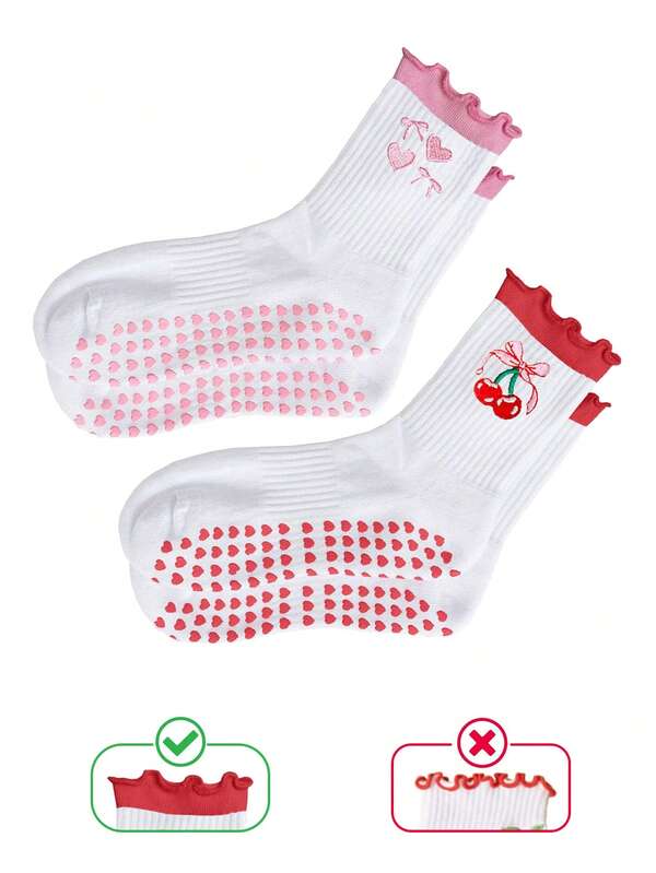 1 Pair Ruffle Trim Yoga Socks, Heart Dot Grip, Professional Non-Slip Socks For Yoga, Pilates, Fitness, Gymnastics, Cute Mid-Calf Socks For Autumn/Winter