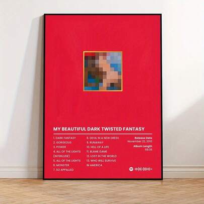 Póster de lienzo de estilo art déco sin marco - Impresión de arte de tinta de Mi hermosa fantasía oscura y retorcida para el hogar, la oficina, la sala de estar, el dormitorio - Decoración de pared de hip hop en orientación vertical, obra de arte moderna para uso en interiores, con el popular rapero - Regalo creativo ideal para amantes de la música