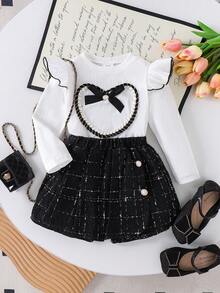 2pcs Young Girls Stylish Cap Sleeve Bow Heart Ribbed Top And Pants Set, Spring/Autumn - White - View 1