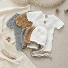2pcs Newborn Photography Outfits Soft Knitted Baby Romper With Hat Newborn Photography Props Shorts And Cap Set Boy Girl Bodysuit Shooting Romper Baby Shower Gift - Nhiều màu - Xem 2