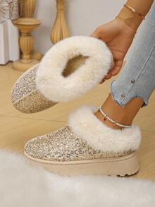 1 Pair Fashionable Fluffy Lined Slip-On Thick Sole Warm House Slippers, Suitable For Teenagers, Autumn/Winter