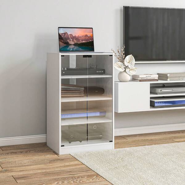  HOMCOM 5-Tier AV Media Stand With Push To Open Glass Doors, Audio-Video Storage Cabinet With Adjustable Shelves For DVD Players, Games Consoles, Routers, Distressed White
