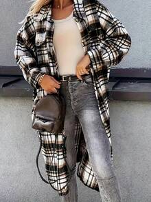 2026 Early Spring Curated Collection Women's Casual Flannel Plaid Shacket Button Christmas Outfit Winter Clothes For Women Down Long Sleeve Shirt Coats With Pockets Women's Long Plaid Shirt Casual Loose Fit Button Down Lapel Wool Blend Coat Shackets Euro-American Oversized Style,Winter Casual Versatile Piece,Mid-Length Shirt Jacket,Cross-Border Office & Daily Wear Classic Plaid Texture,Long-Sleeve Shirt Style,Oversized Silhouette,Mid-Length Cut,Versatile Basic Piece Inner Layer Layering,Bottoms-Friendly (Pants/Skirts),Transitional Wear For Cold-Warm Seasons,Dual Casual-Office Adaptability For Anyone Chasing "Effortless Winter Style," This Mid-Length Plaid Shirt Jacket Is Your Wardrobe's Ultimate Multitasker-Blending Euro-American Casual Cool With All-Day Practicality, Perfect For Everything From Brisk Morning Commutes To Cozy Weekend Errand Runs. - 黑色 - 查看 1