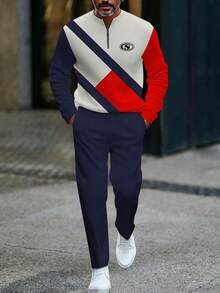 Men's Two-Piece Set, Navy Blue Striped Polo Shirt Paired With Red Color Block Printed Design, Matched With Navy Blue Casual Sports Long Pants; Regular Fit With High-Quality Soft And Comfortable Fabric That Is Wrinkle-Resistant And Easy To Care For, Suitable For Outdoor And Casual Sports Occasions. The Best Choice For A Holiday Gift.