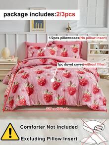 Juego de ropa de cama de 2/3 piezas con estampado digital 5D de fresa, juego de ropa de cama de dibujos animados lindo para todas las estaciones, funda de edredón para niños, niñas y adolescentes, suave, transpirable y lavable a máquina (1 funda de edredón + 1/2 fundas de almohada, sin relleno)