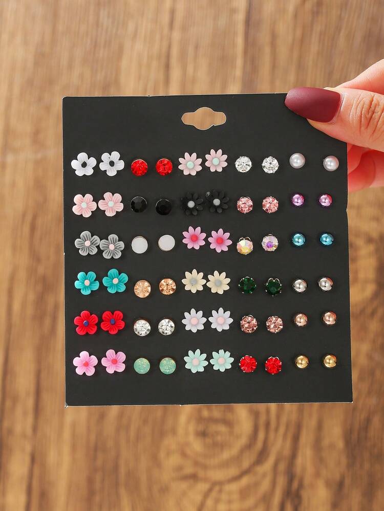 30 Pairs Flower & Rhinestone CCB Mixed Stud Earrings Set, Suitable For Gifts And Daily Wear, Teens - one-size - View 3