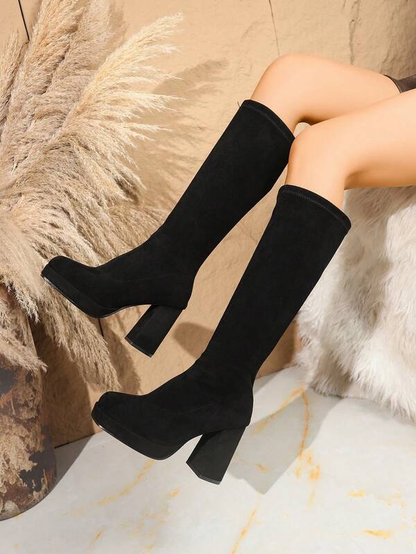 Stivali alti da donna  nero, con tacco e platform spessi, effetto snellente, impermeabili, stile equitazione, adatti per uso interno ed esterno, nuovi arrivi autunno/inverno