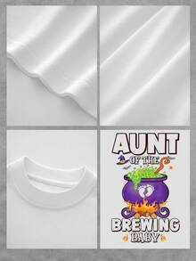 Camiseta gráfica "Brewing Baby Aunt", camiseta para mujer con temática de Halloween, mezcla de algodón suave y cómoda, estampado gráfico único, corte holgado, un regalo ideal para la tía que espera un nuevo miembro de la familia, ropa elegante para uso diario, tela duradera de alta calidad, talla extragrande. - Blanco - Ver 4
