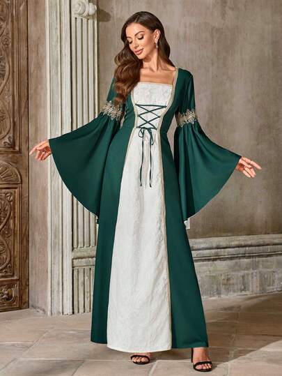Robe vintage style cour médiévale pour femme, robe évasée à manches à volants avec patchwork de dentelle vert olive, convient pour les événements à thème/le cosplay/les séances photo spéciales