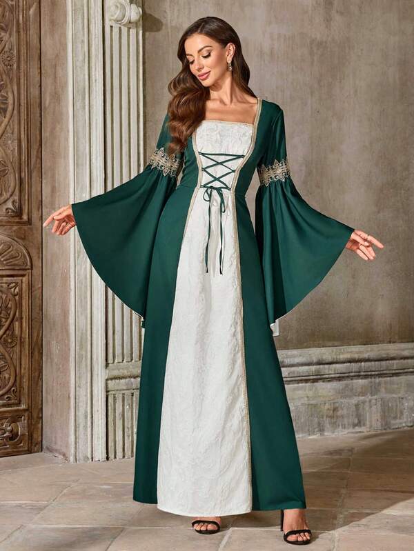 Robe vintage style cour médiévale pour femme, robe évasée à manches à volants avec patchwork de dentelle vert olive, convient pour les événements à thème/le cosplay/les séances photo spéciales
