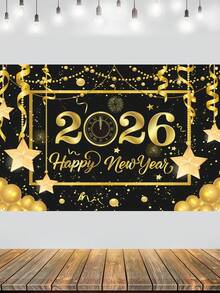 1件2026新年快乐派对背景布，星金图案涤纶背景布，2026新年庆祝派对装饰，家居装饰，房间装饰，墙饰，花园旗帜，新年悬挂装饰，新年礼物，2026新年装饰品 - 新年黑金D款 - 查看 3