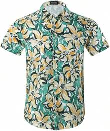 Men's Short-Sleeve Button-Down Tropical Hawaiian Shirt-20256688 - Hoa xanh cam - Xem 1