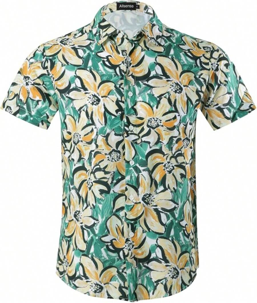 Men's Short-Sleeve Button-Down Tropical Hawaiian Shirt-20256688 - Hoa xanh cam - Xem 1
