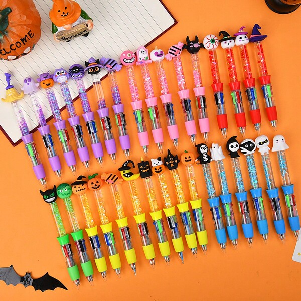8pcs/Set Halloween Multicolor Ballpoint Pens, Fun 4-In-1 Ballpoint Pens With Pumpkin, Bat, Skull Patterns, Filled With Liquid Glitter, Scary & Cool Holiday Ballpoint Pens For Halloween Party Gifts, School Supplies