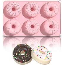 粉色硅胶甜甜圈模具免费甜甜圈烤盘，适用于洗碗机和微波炉，烤箱，耐热，易于取出，非常适合甜甜圈蛋糕饼干百吉饼 - 彩色 - 查看 1