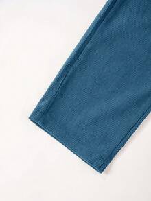 2 件套年轻男孩街头休闲纯色灯芯绒字母刺绣口袋长袖衬衫和纯色裤子套装，适合日常聚会、度假和户外活动 - 水鴨藍 - 查看 10