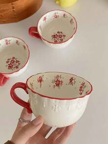 1 pieza/2 piezas/4 piezas Taza de té de la tarde de cerámica con relieve floral rojo estilo coreano Ins, taza de café de cerámica floral vintage, apta para desayuno, leche, postre, agua, oficina, sala de estar, uso diario
