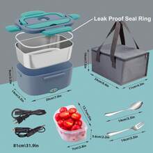 100W Electric Lunch Box Food Heater, Food Warmer For Car Truck Office, 1.5L Stainless Steel Self-Heated Lunchbox For Adult, Portable Heating Box With Adapters Fork Spoon Insulated Bag - 查看 4