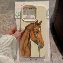 1 pieza Funda protectora de TPU con textura de piel de litchi y diseño de caballo marrón, compatible con las series Apple 16 15 14 13 12 11 Plus Pro Max, funda protectora con estilo INS personalizada, minimalista y de alta estética, resistente a caídas, regalo de cumpleaños o festivo - Beis - Ver 3