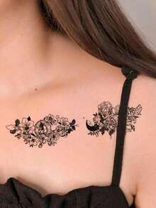 30 Creative Temporary Tattoo Stickers, Including Butterflies, Flowers, Foxes, Dolphins, Jellyfish, Wings, Feathers, Etc., Suitable For Both Men And Women, Realistic And Waterproof, Suitable For Arms, Face, Fingers, Neck, And Any Place You Want, - 黑色 - 查看 4