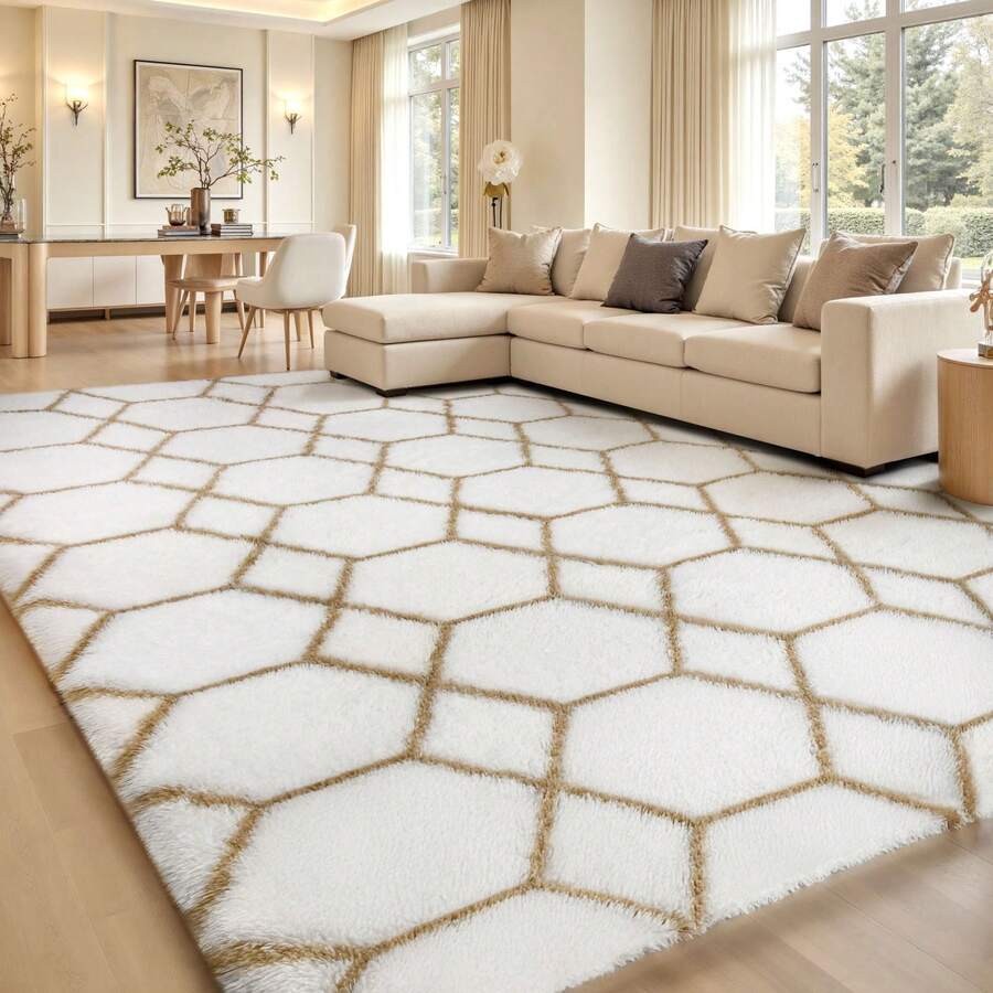 Sour Lemon Large Rugs Living Room, Hexagonal Pattern Area Rugs For Bedroom, Washable Anti Slip Shaggy Soft Rug, Fluffy Modern Carpets Mat Beside Area Rug, Best For Living Room, Bedroom, Study Room, Home Decor - White Camel - View 1