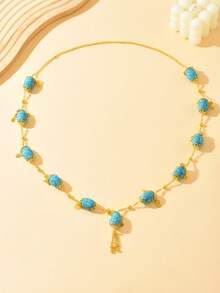 1pc Unique Design Faux Turquoise Beaded Necklace, Middle Eastern Style Pendant Choker Necklace For Women