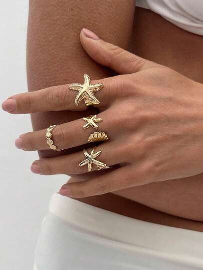 4 件套海星和贝壳元素戒指套装，简约时尚，适合节日、旅行、女性礼物