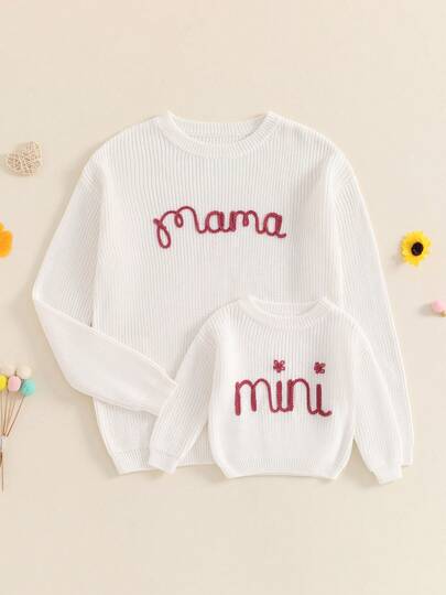 Mommy And Me Matching Outfits Christmas/Halloween/Valentine's Day Holiday Chunky Knitted Sweaters Family Matching Xmas Clothes Long Sleeve Crewneck Mama/Mini Flower Embroidery  Pullover Jumper Tops Sweatshirts