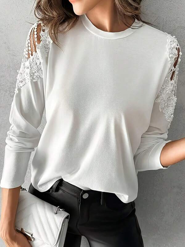 Plus Size Women's Solid Color Lace Patchwork Long Sleeve Top, Spring/Autumn