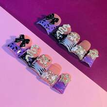 NailLuxe 10 PCS Handmade Duckbill Press - On Nails | GlamBowSparkle With Acrylic Rhinestone Bows, Zebra Patterns & Snake Accents - Mauve Purple - View 5