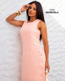 Classic Long Black Dress With Round Neck, Pockets And Elegant Slit Design - Màu hồng cá hồi - Xem 5