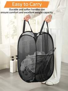 Collapsible Pop-Up Laundry Hamper Basket: Features Sturdy Handles & Side Pocket, Breathable Mesh & One-Second Pop-Up/Collapse Design.  For Efficient Dirty Clothes Storage & Easy Transport.  Perfect For Dorm Rooms, College Life, Laundry/Bathroom Organization, Travel & Small Spaces.  Ideal For Students, Travelers, Space-Saving Homes.  Black. - 黑色 - 查看 5