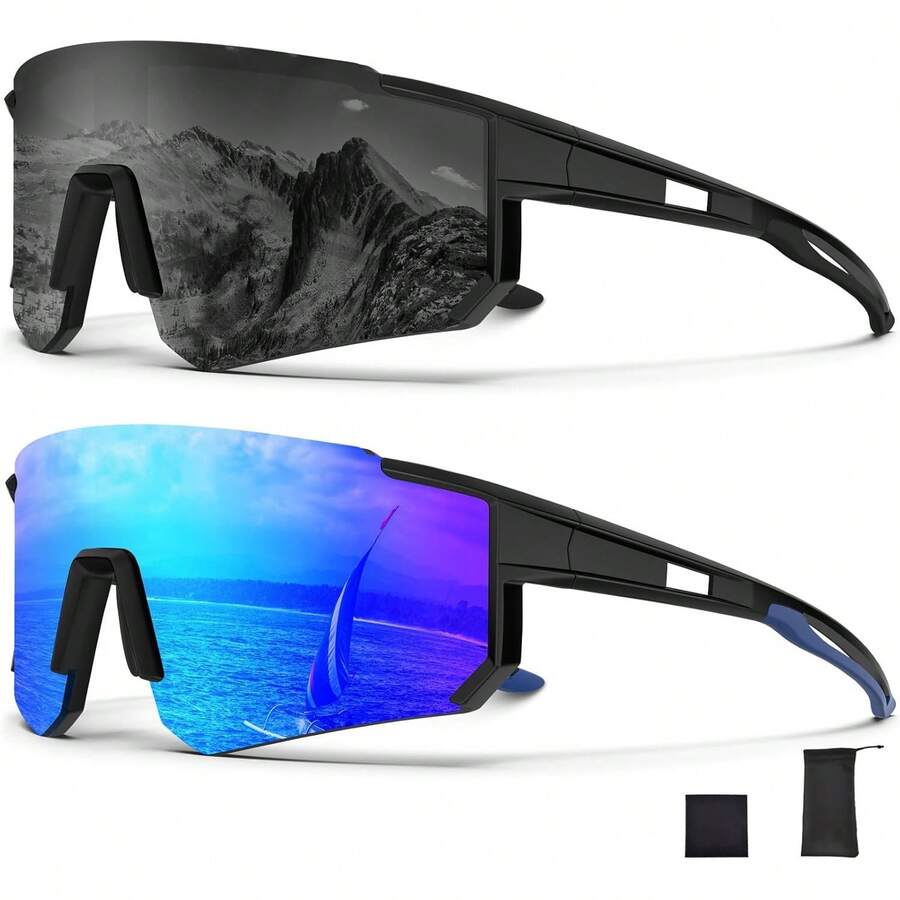 2 Piezas Polarizadas Gafas De Ciclismo Protección,Gafas De Protección Uv400 Para Equitación,Gafas De Protección 100% UV Para Ciclismo, Béisbol, Pesca, Esquí - Negro-Gris & Negro-Azul - Ver 1