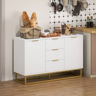 HOMCOM 47" Sideboard Buffet Cabinet With Storage, Contemporary Coffee Bar With Adjustable Shelves And Metal Legs, Kitchen Storage Cabinet With Elevated Base, White