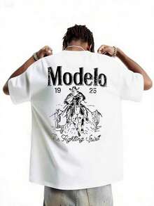 1pc Modelo Graphic Print Men's% Cotton-Shirt,  Casual Sports Style Top-Shirt,  Fashionable Street Style, Suitable Travel And Sports Wear - 白色 - 查看 8