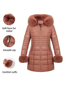 Women's Elegant Simple Jacket With Fur Collar Pocket Suitable For Fall And Winter Season - Pink - View 1