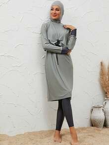 VFJ Burkini Muslim Women's Plain Islamic Grey Swimsuit Long Sleeved Full Set 3PCS Beach Outfit With Hat