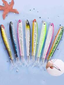 5支鱼形圆珠笔，按压式笔帽，中号笔尖，塑料笔身，长方形笔身 - 适合青少年和成人 - 非常适合学校、办公室和娱乐 - 送给学生和钢笔爱好者的独特礼物 - 彩色 - 查看 2