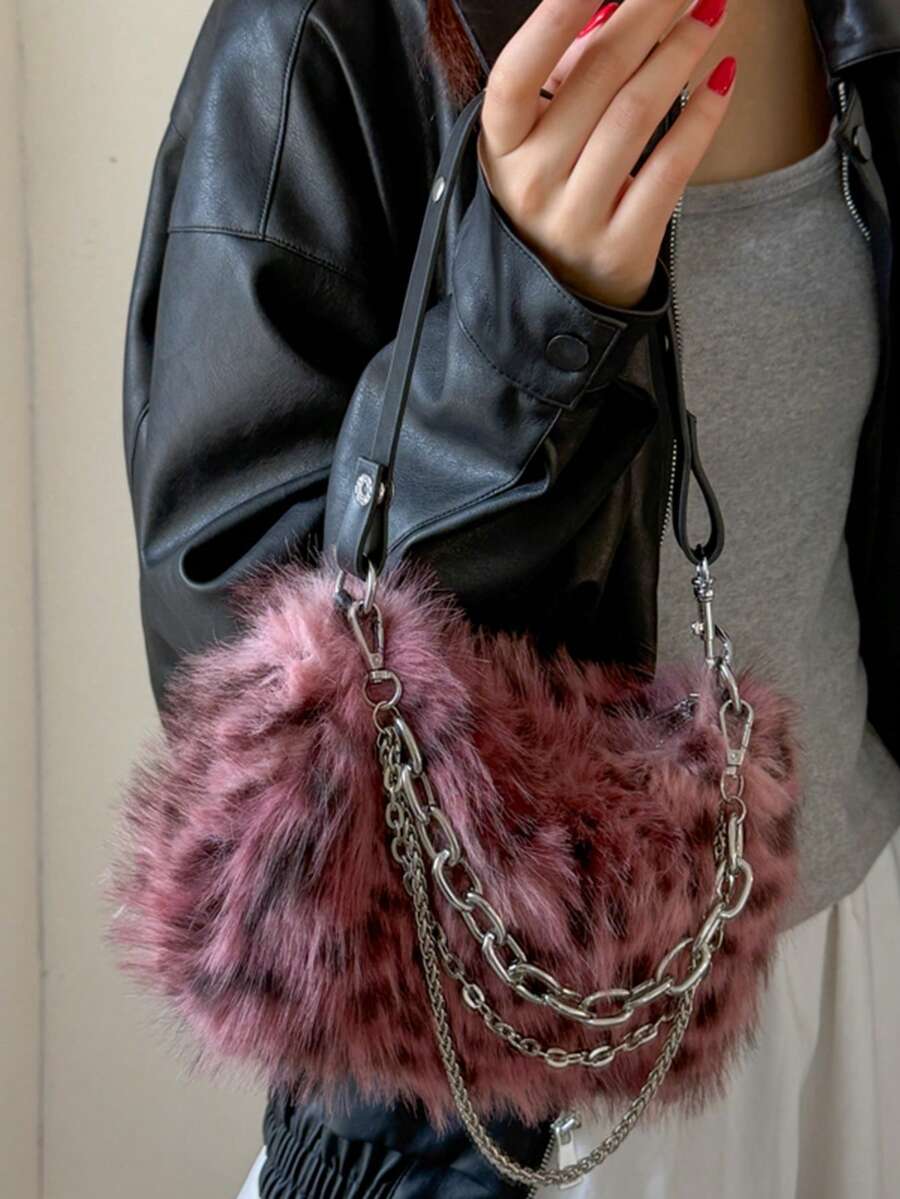 1 Túi đeo vai bằng lông giả họa tiết báo đốm màu đỏ tía dành cho nữ kèm dây xích, thời trang thu đông, túi lông mới về dành cho nữ - Màu Đỏ Sâu - Xem 1